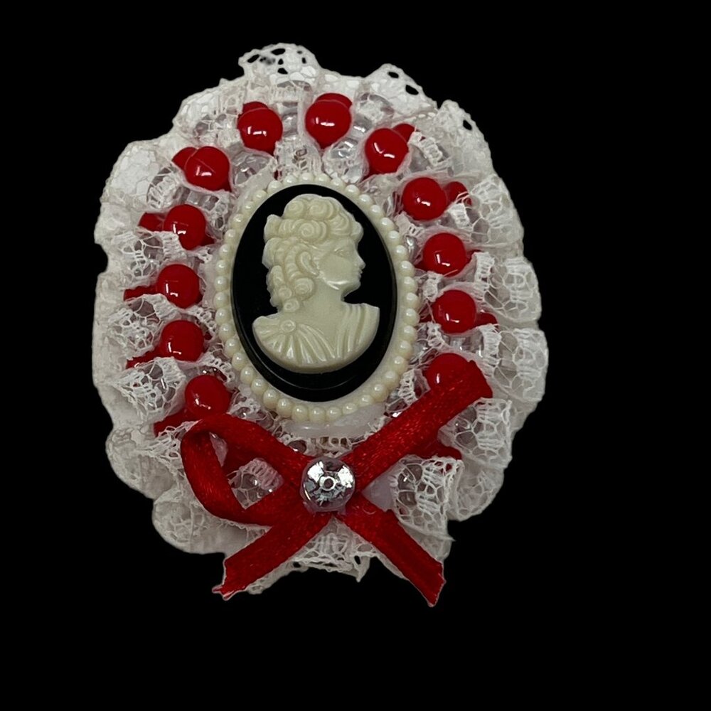 Handmade Cameo Brooch Acrylic Lace‎ Red Bow Beaded Pin